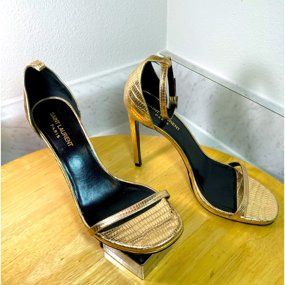 YSL Saint Laurent Animal Print Snake Sandal Stiletto High Heel Gold
